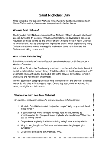 Saint Nicholas and the spirit of Christmas Worksheets KS2