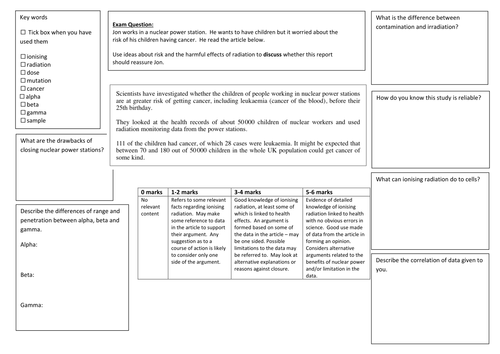QWC Writing Frame with picture prompt - Ionising Radiation Risks