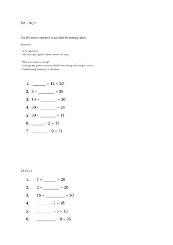 Inverse operations and missing numbers