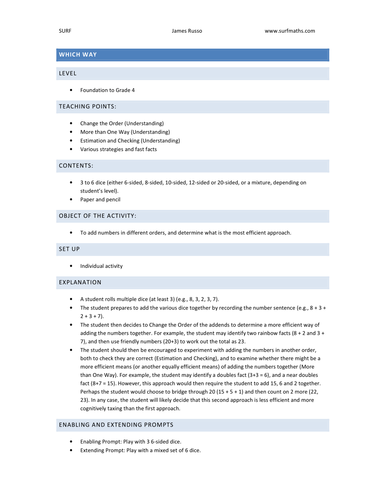 SURF Maths: A framework for teaching mental computation