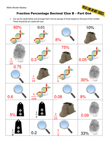 Fractions, Decimals and Percentages matching activity