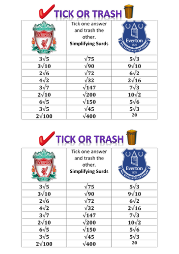 Simplifying Surds - Tick or Trash