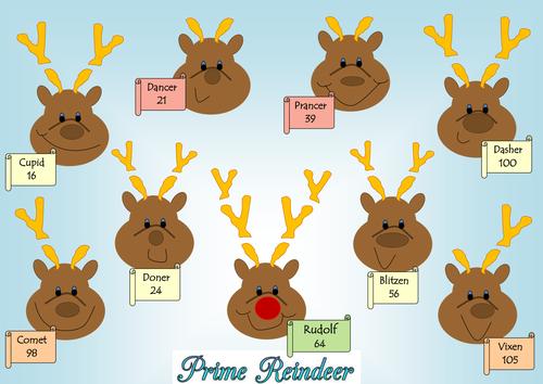 Maths Christmas reindeer prime factor decomposition / prime factor trees worksheet.