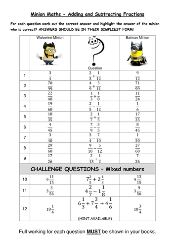 Adding and Subtracting Fractions (inc mixed) Minions Tick or Trash
