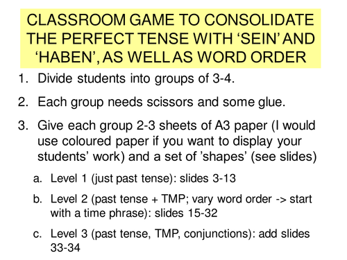 Classroom game to consolidate the perfect tense and word order