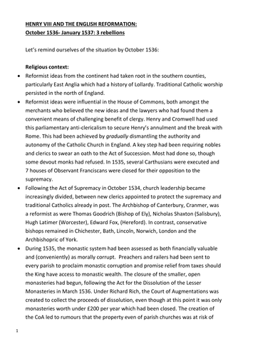Henry VIII and the English Reformation OCt 1536-Jan 1537