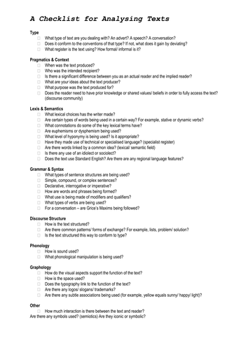 Checklist for analysing texts at A level for English Language