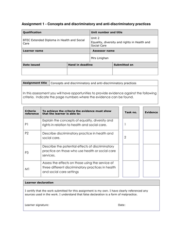 HSC BTEC Level 3 Unit 2 Equality 