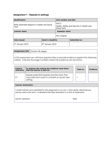 HSC BTEC Level 3 Unit 3 Health, Safety and Security