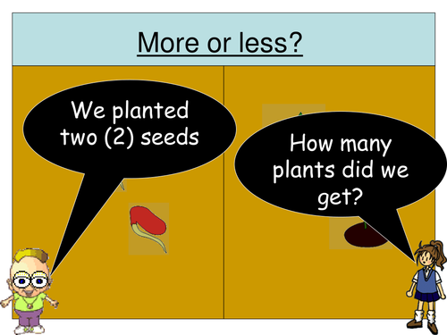 More or Less (PowerPoint) activity for Early Maths (Beans/Plants  and Eggs/Chicks)