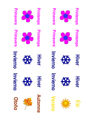 Months and Seasons Memory Match Game (French & Spanish)