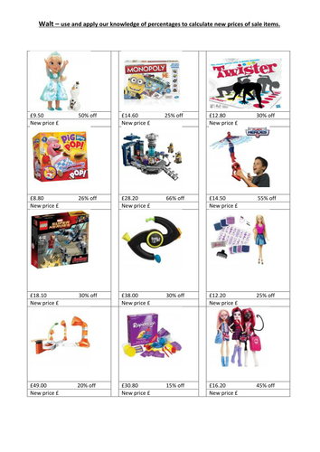 Calculate sale prices for presents/toys using percentages | Teaching