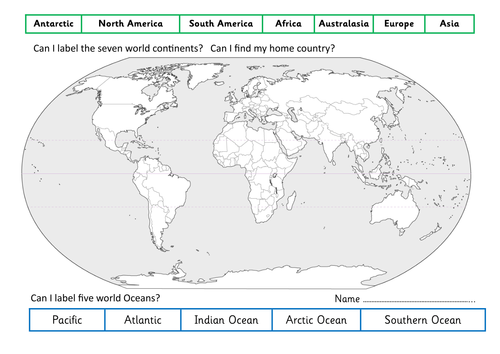 Label the World continents and oceans - Geography and Understanding the world