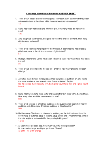 Christmas - Maths Word Problems -  Year  5 / 6