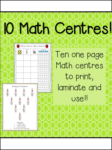 10 one page Math Centres - NO PREP! Print, laminate, use!! Games & activities!