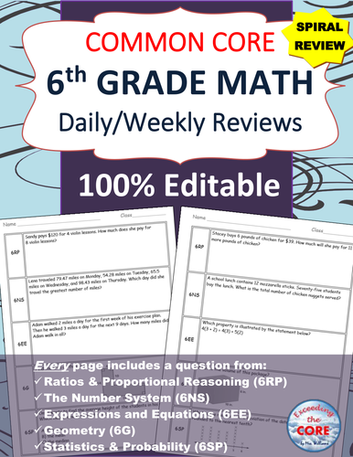 6th Grade Daily / Weekly Spiral Math Review {Common Core} - 100% Editable