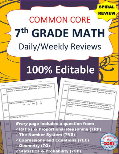 7th Grade Daily / Weekly Spiral Math Review {Common Core} - 100% Editable