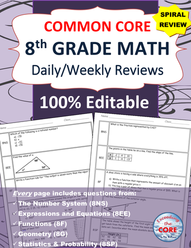 8th Grade Daily / Weekly Spiral Math Review {Common Core} - 100% Editable