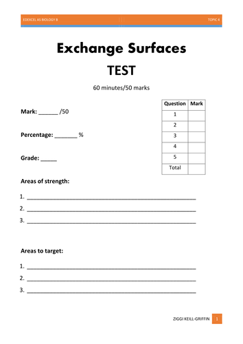 AS Level Biology - Exchange Surfaces TEST and MARK SCHEME