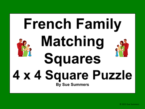 French Family and Pets Vocabulary 4 x 4 Matching Squares Puzzle