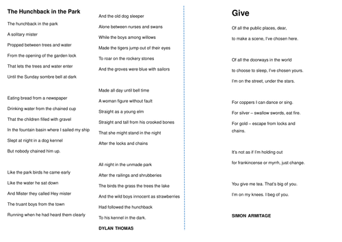 KS3 Poetry Comparison Task:  Give by Simon Armitage and The Hunchback in the Park by Dylan Thomas