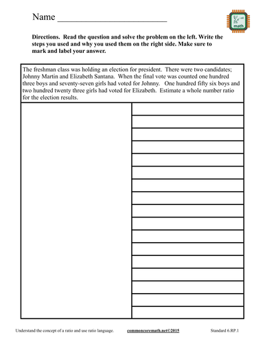 Determine Ratios Extended Response Word Problem - 6.RP.1