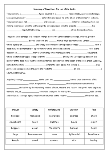 A Christmas Carol: Stave 4 Summary - Fill in the blanks | Teaching Resources