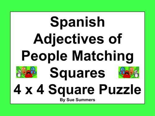 Spanish Adjectives 4 x 4 Matching Squares Puzzle - Los Adjetivos