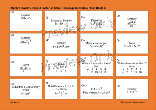 Algebra Simplify Expand Factorise Solve Rearrange Substitute Flash Cards 3 Teaching Resources