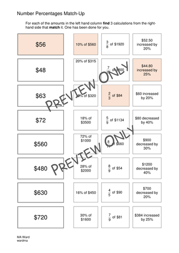 Number Percentages Match Up Teaching Resources