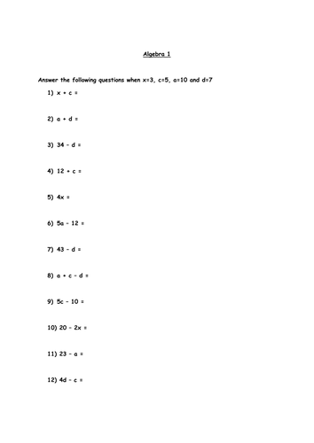 Algebra worksheets