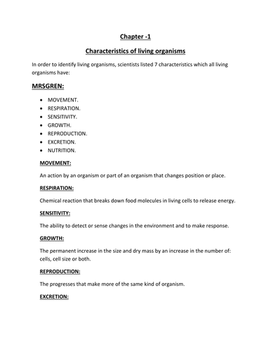 Characteristics of living organisms IGCSE | Teaching Resources