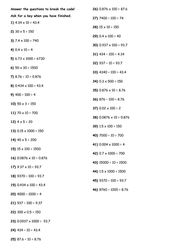 Multiplying and dividing by 10, 100 and 1000 code breaker