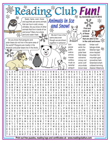 Animals in Lands of Ice and Snow Word Search Puzzle