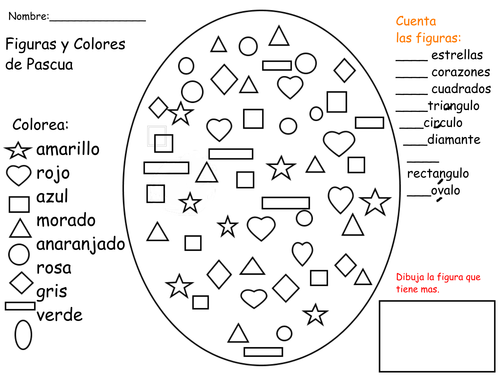 ESL/Spanish shapes, colors, following directions using Easter Eggs