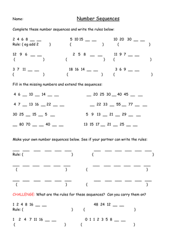 Number Sequences  Year2/3 Differentiated Worksheets