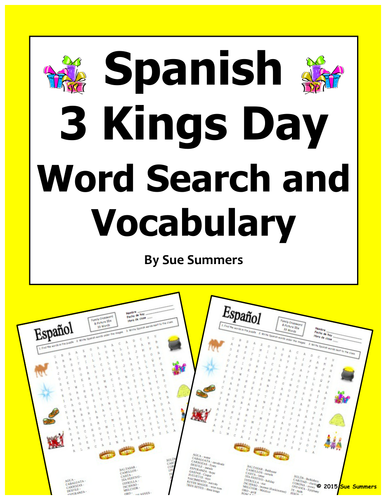 Spanish Three Kings Day Word Search Puzzle Worksheet and Vocabulary 