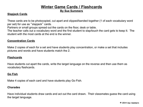 Winter Game Cards / Flashcards for Spanish or Any Language