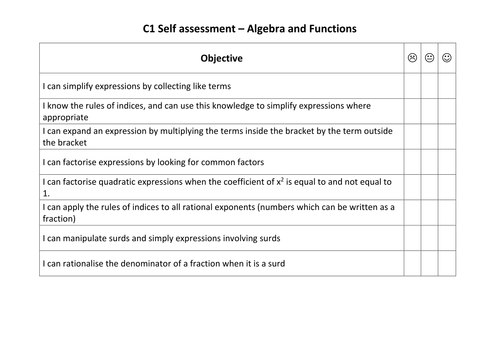 Core 1 Maths Set of Self Assessment Sheets