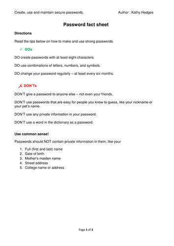 ICT Password Fact Sheet (ICT FS and ICT GCSE)