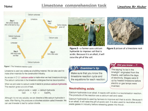 Limestone cycle literacy worksheet (double sided worksheet)