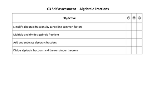 Core 3 Maths Set of Self Assessment Sheets