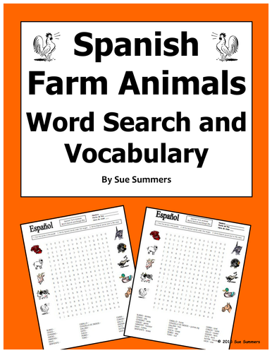 Spanish Farm Animals Word Search Puzzle Worksheet and Vocabulary 