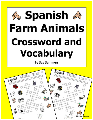 Spanish Farm Animals Crossword Puzzle Worksheet and Vocabulary