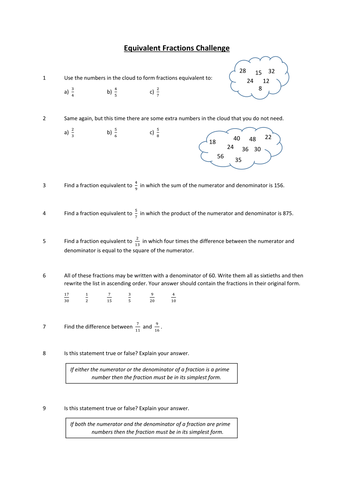 equivalent fractions challenge teaching resources