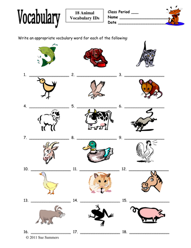 Spanish Animals / Farm Animals 18 Vocabulary IDs Worksheet