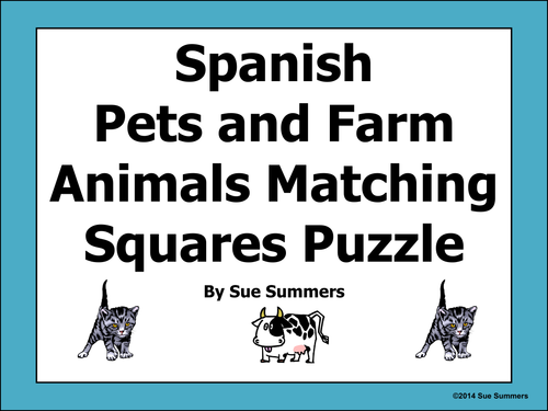 Spanish Animals - Pets and Farm Animals Matching Squares Puzzle