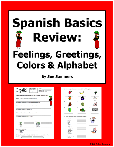Spanish Basics Review - Colors, Alphabet, Feelings, and Greetings Worksheet