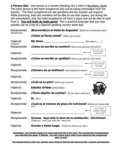 Spanish Basic Language Hotel Skit / Role Play & Follow-up Worksheet