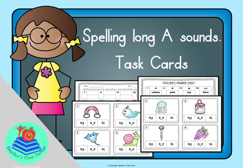 Long A sound task cards. 20 cards to practice a_e, ai and ay.